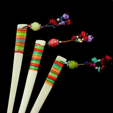 Handmade Thread Wrapped Yak Bone Hair Stick with Tassel